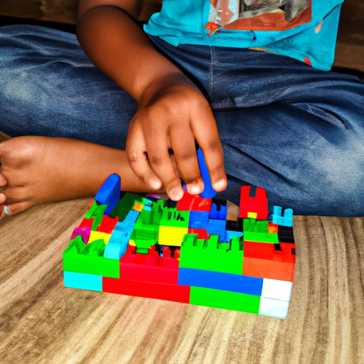 ילד שקוע במשחק עם סט צעצועים של אבני בניין, המציג את החשיבות של צעצועים חינוכיים.