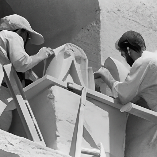 תמונה ישנה בשחור-לבן בה נראים בעלי מלאכה עובדים על קישוטי גבס לבניין בירושלים.
