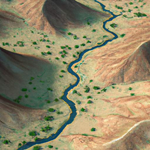 צילום פנורמי של נחל מתפתל במדבר, המדגיש את הניגוד המוחלט בין הסביבה הצחיחה לנחל השופע.