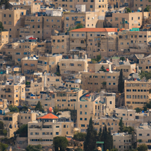 נוף פנורמי של נוף העיר ירושלים, המדגיש מבנים המעוטרים בעבודות גבס מסורתיות.