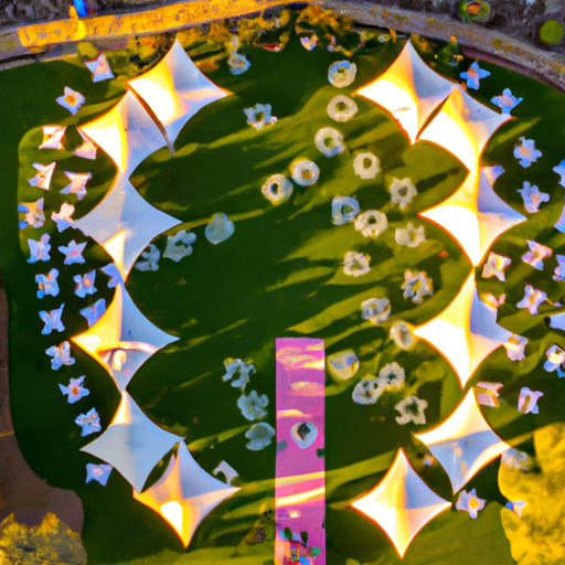 1. מבט אווירי של גן אירועים בישראל, מואר להפליא, מציג טקס חתונה בעיצומו.