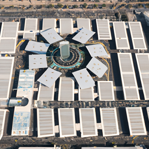 מבט אווירי של פאנלים סולאריים המותקנים בקנה מידה גדול בדובאי