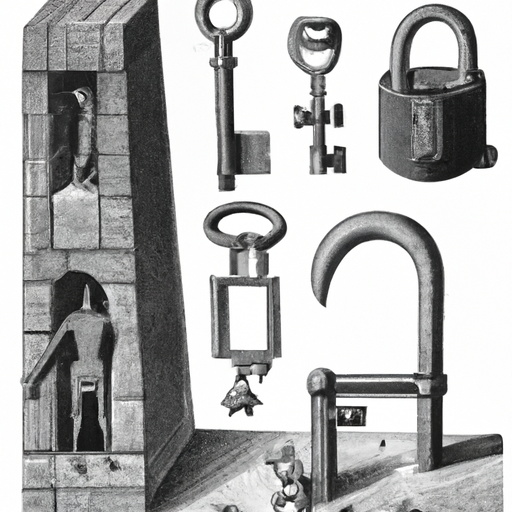 איור ישן המתאר את מערכת המנעולים והמפתחות הידועה הראשונה ממצרים העתיקה.