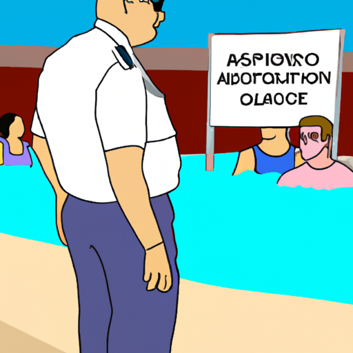 תמונה המציגה יועץ בטיחות בבריכת שחייה מפקח על בריכה ציבורית עמוסה.