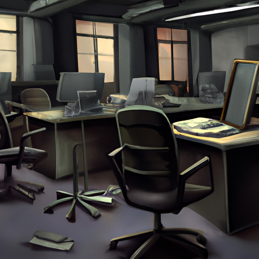 תמונה המתארת חלל משרד נטוש, עם כיסאות ושולחנות כתיבה צוברים אבק.