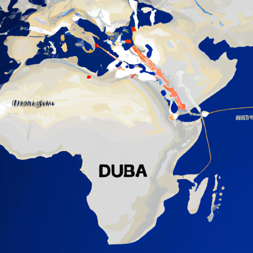 מפה המדגישה את מיקומה האסטרטגי של דובאי בין אירופה, אסיה ואפריקה.