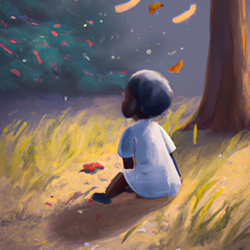ילד יושב מתחת לעץ, שקוע במחשבות, מסמל רגע של יצירת זיכרון ילדות.