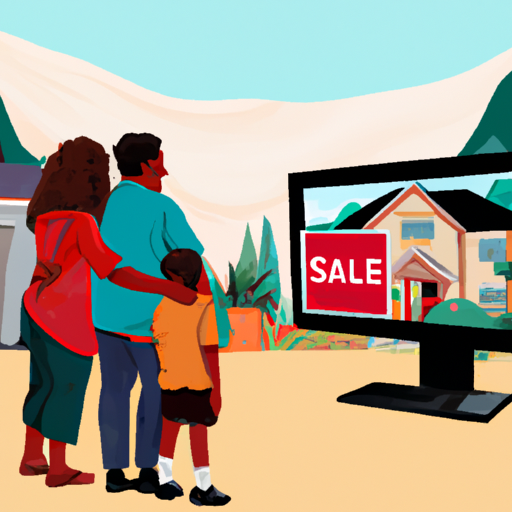 3. תמונה של משפחה מול שלט 'למכירה', עם תמונה על גבי מסך מחשב המציג בקשת משכנתא.