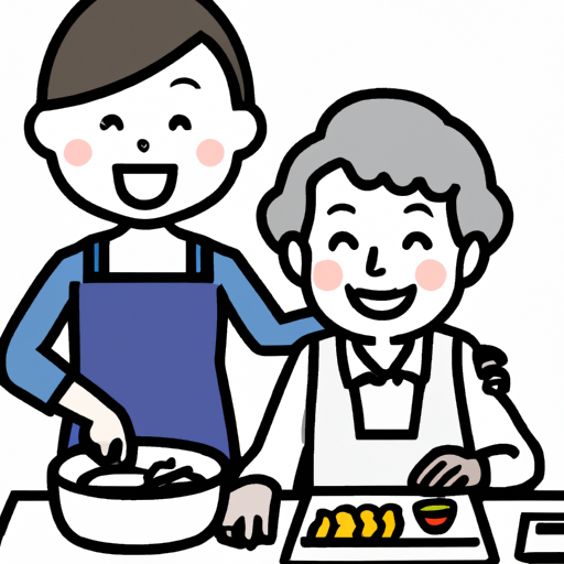 איור של אישה מבוגרת מכינה ארוחה בשמחה בהשגחת המטפלת האחות הפרטית שלה