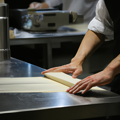 שף מקצועי שלש במיומנות בצק פסטה במטבח מסעדה שוקק חיים.