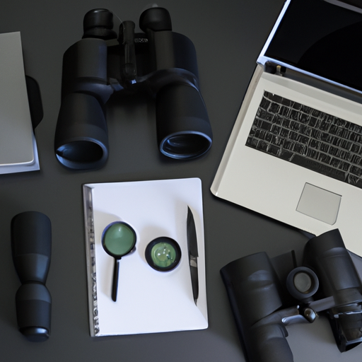 מערך כלי חקירה - מצלמה, פנקס רשימות, משקפת ומחשב - פרוסים על שולחן העבודה