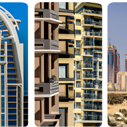 קולאז' של תמונות המציגות את הסגנונות האדריכליים המגוונים של דירות הזמינות בדובאי.