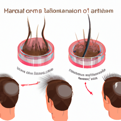 תרשים מפורט של הליך מודרני לשיקום שיער, הכולל חילוץ והשתלה של זקיקי שיער.