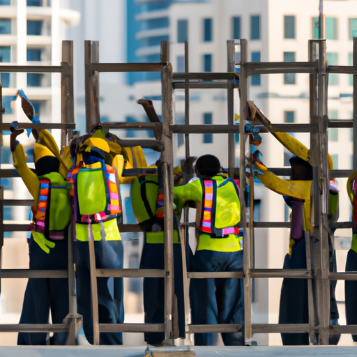תמונה של צוות של פועלי בניין מיומנים בדובאי, מרמזת על השפעת המומחיות שלהם על איכות הבנייה.